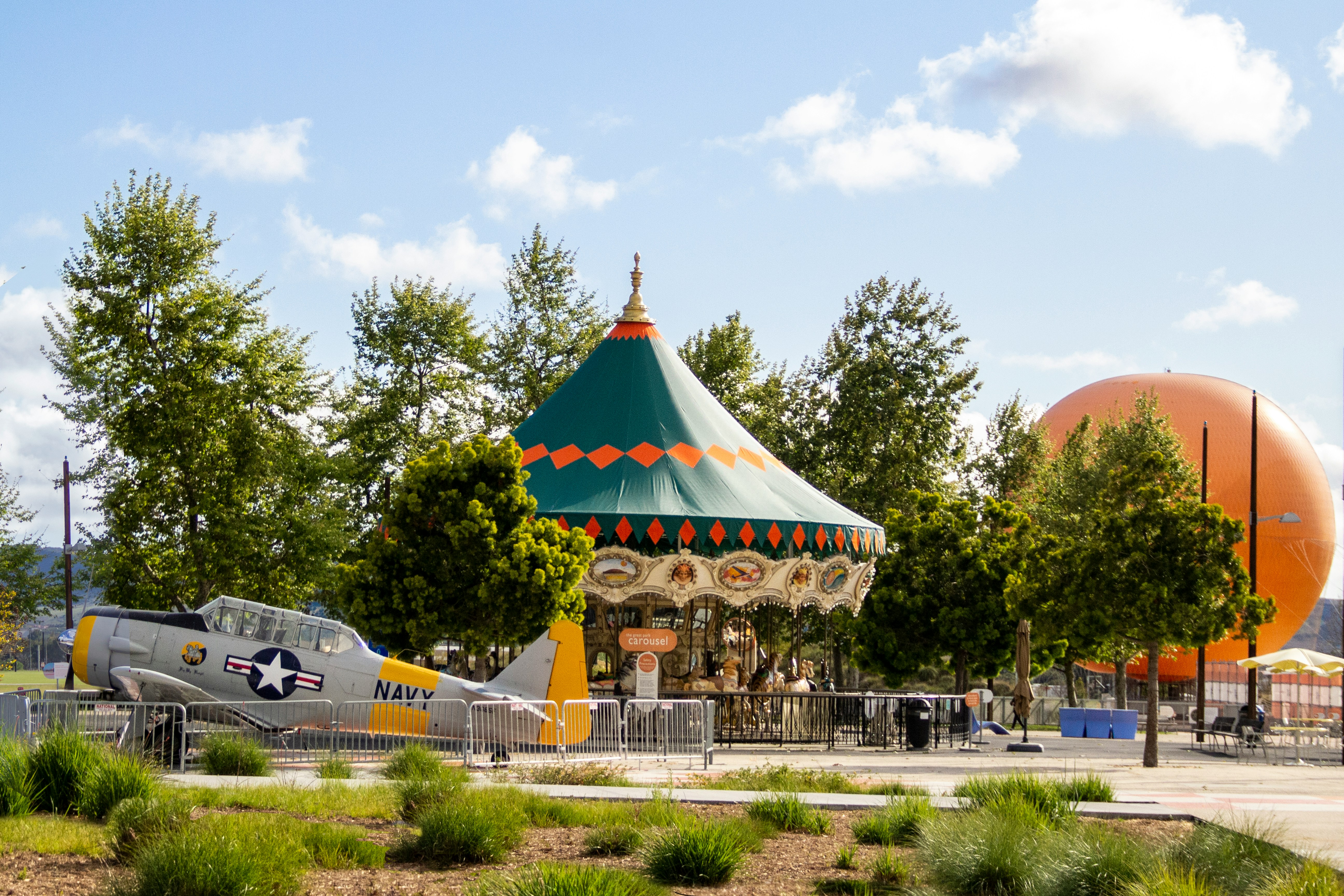 The Great Park carousel and vintage plane in Irvine, California