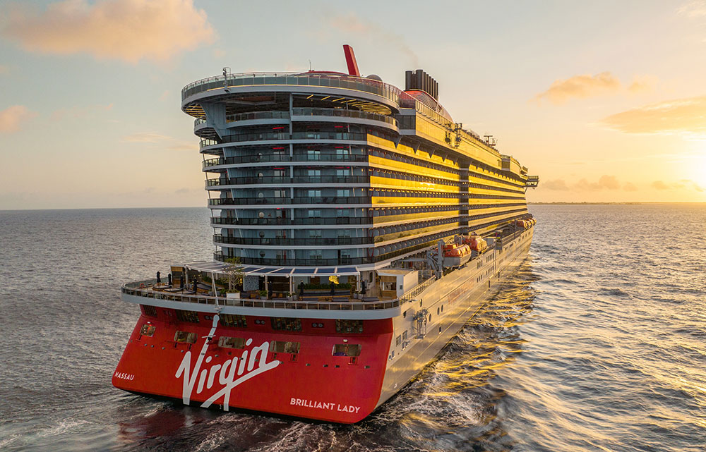 Virgin Voyages' Brilliant Lady at sunset